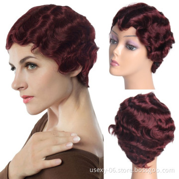 Wholesale Short Finger Wave Curly Wigs For Black Women Machine Made None Lace Pixie Cut Human Hair Wig